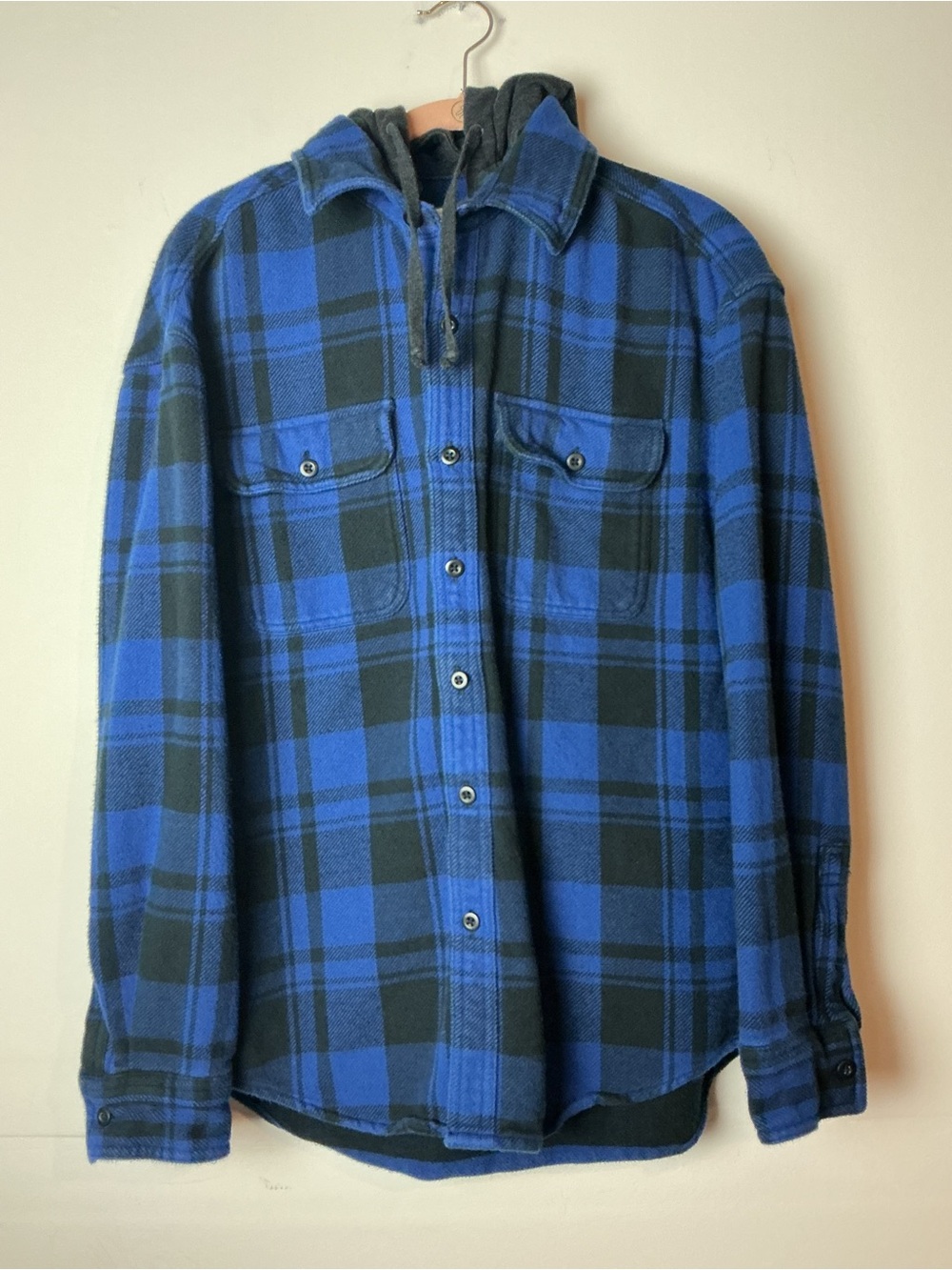 American Eagle Hooded Flannel Plaid Shaket Jacket Men’s Size S Blue Black